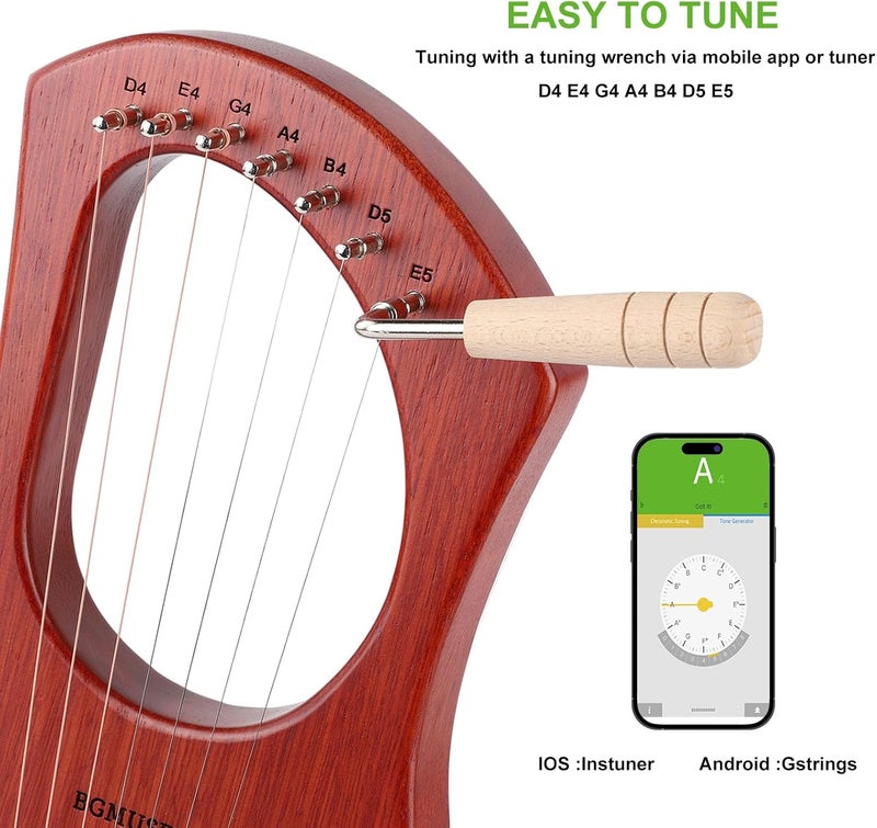 BGMUSER Lyre Harp 7 Strings with Bag,Tuning Wrench,Metal Strings, Mahogany Body and Bone Saddle,Mini Harp Instrument for Beginner - Image 4